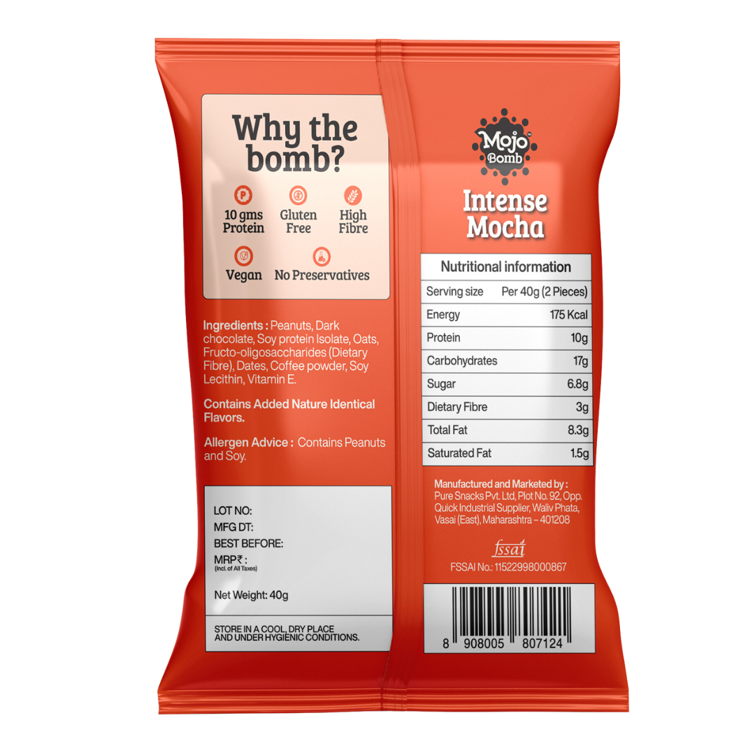 Protein Bombs Variety Pack - Peanut Butter, Hazelnut and Mocha (10g Protein), 240g - Pack of 6 | Vegan | Gluten Free - Mojo Snacks