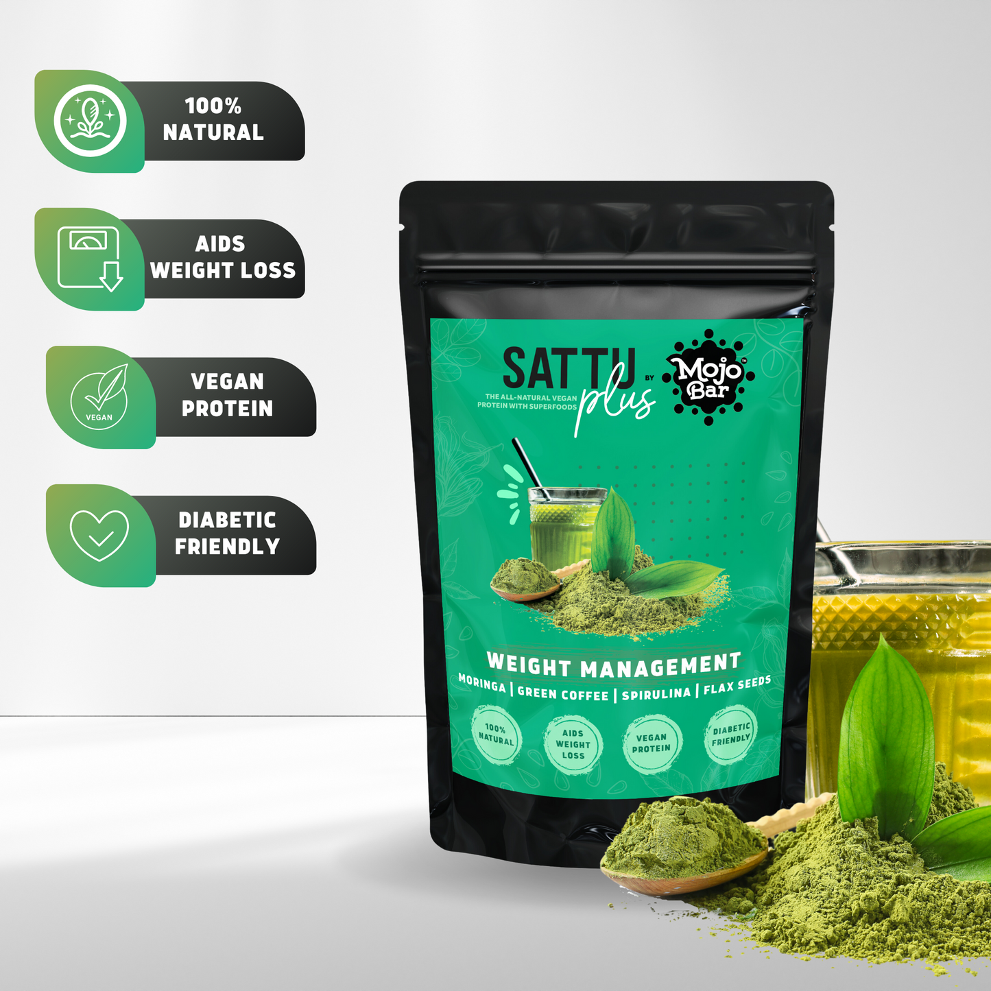 Sattu Plus - Savoury Protein Premix for Weight Management, 300g | Sattu, Moringa, Green Coffee, Spirulina and Flax Seeds | 100% Natural & Gluten Free - Mojo Snacks