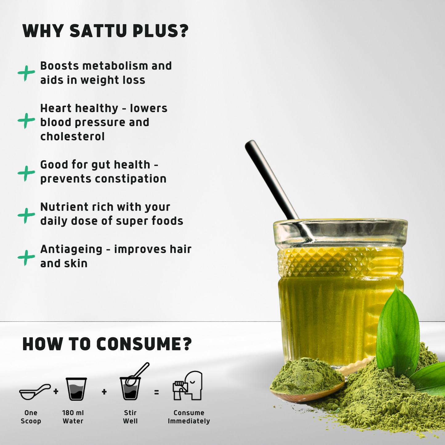 Sattu Plus - Savoury Protein Premix for Weight Management, 300g | Sattu, Moringa, Green Coffee, Spirulina and Flax Seeds | 100% Natural & Gluten Free - Mojo Snacks