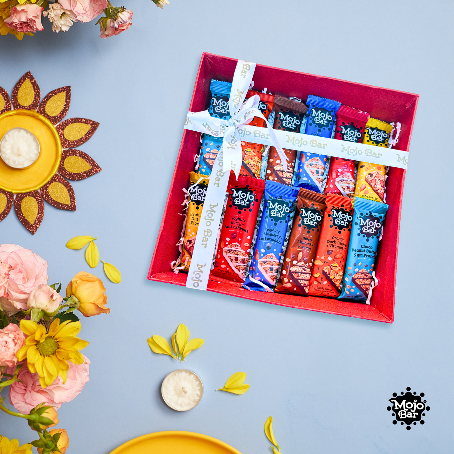 Mojo Bar Choco Almond, Yoghurt Berry, Fruit & Nut and Orange Dark Chocolate Choco Peanut Butter and Yoghurt Blueberry Energy Bars, 32 Gm (Combo of 12)
