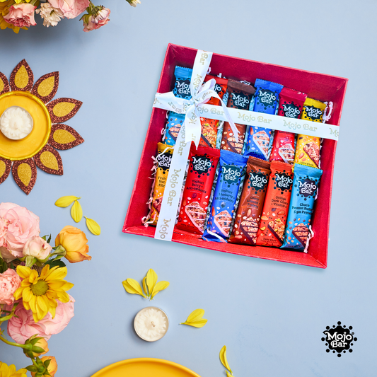 Mojo Bar Choco Almond, Yoghurt Berry, Fruit & Nut and Orange Dark Chocolate Choco Peanut Butter and Yoghurt Blueberry Energy Bars, 32 Gm (Combo of 12) - Mojo Snacks