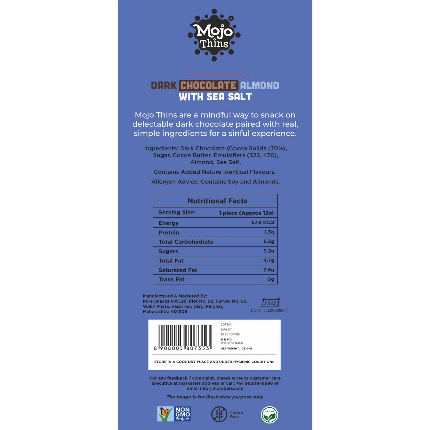 70% Chocolate Almond with Sea Salt (Pack of 2), 216g - Mojo Snacks