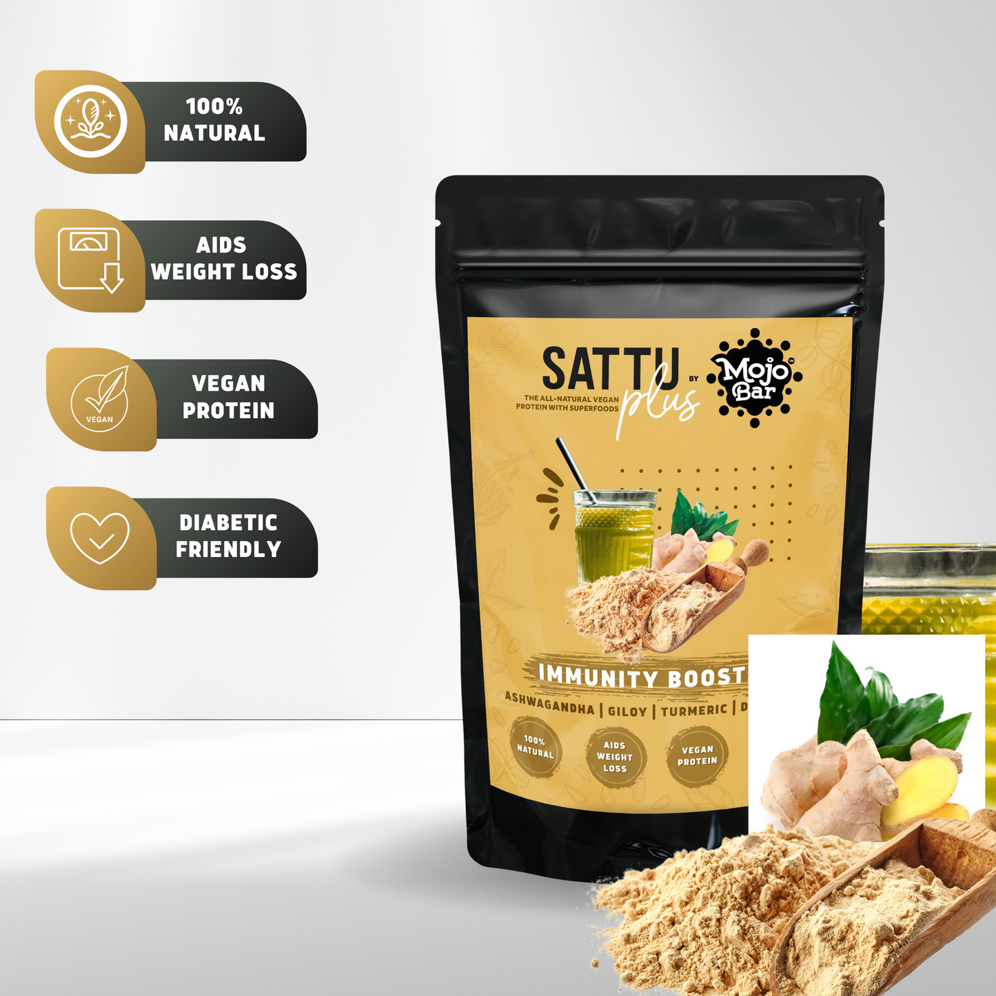 Sattu Plus - Savoury Protein Premix for Immunity Management, 300g | Sattu, Ashwagandha, Giloy, Turmeric, Dry Ginger | 100% Natural & Gluten Free … - Mojo Snacks