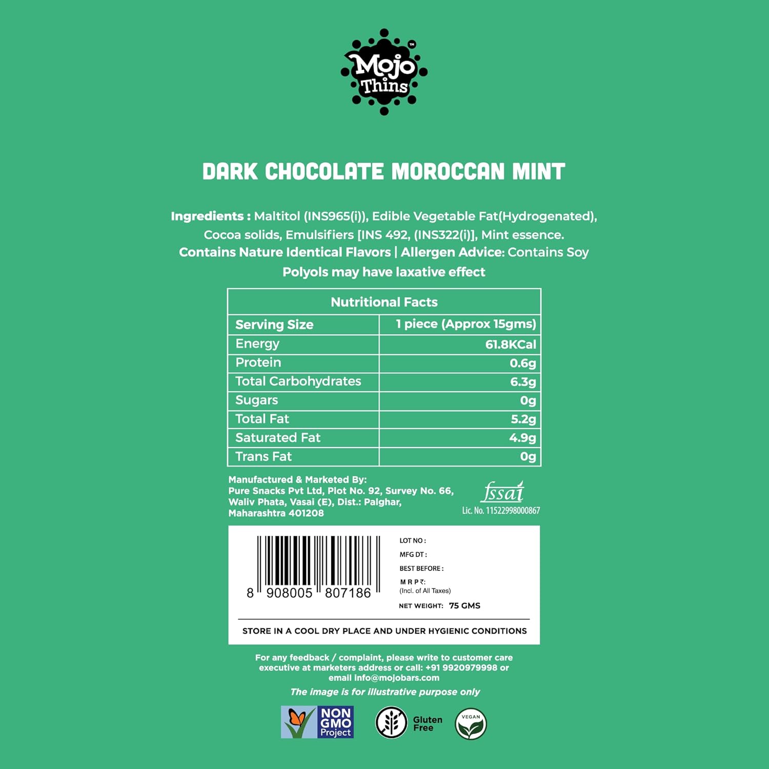 Sugar Free 45% Dark Chocolate Mint Thins (Pack of 3), 225 gms - Zero Sugar - Mojo Snacks