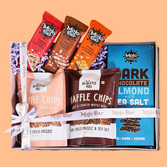 MOJO Celebrations Hamper - Dark Chocolate Thins, Waffle Chips and Gluten Free Bars (Gift Hamper + Personalised Note) - Mojo Snacks