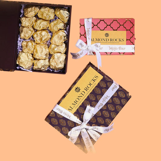 MOJO MEETHA - 45% Dark Chocolate Almond Rocks, 250g (Gift Hamper + Personalised Note) - Mojo Snacks