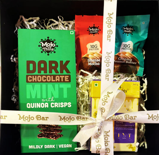 MOJO Bar Festive Hamper - Dark Chocolate Thins, Honey Twigs and Protein Bombs (Gift Hamper + Personalised Note) - Mojo Snacks