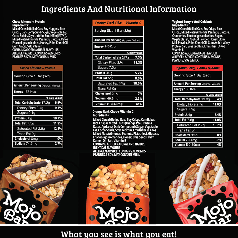 Assorted Pack of 6, 192g (Choco Almond, Orange Dark Chocolate & Yogurt Berry) - Mojo Snacks