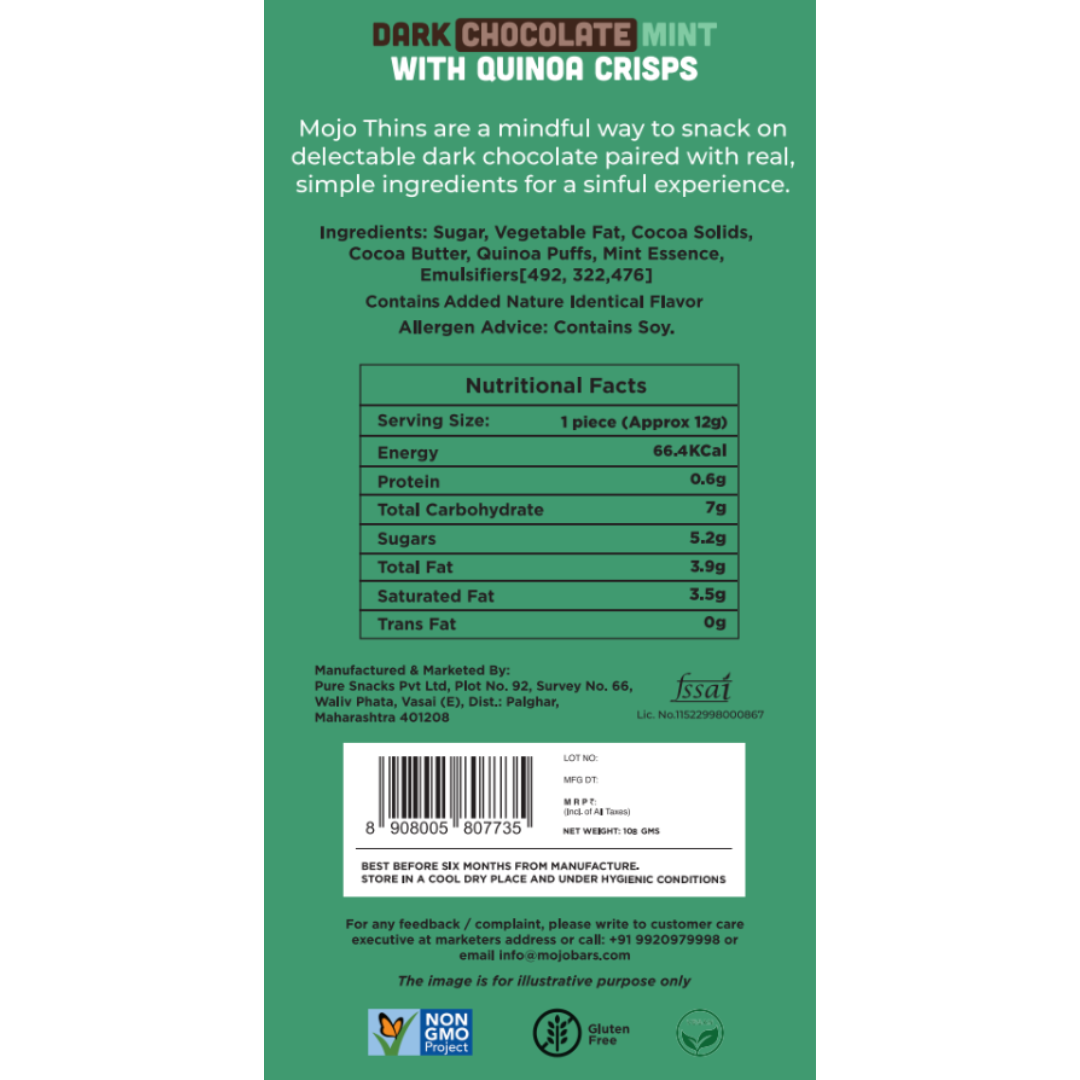 Mildly Dark Chocolate Mint with Quinoa Crisps (Pack of 3), 324 g - Mojo Snacks