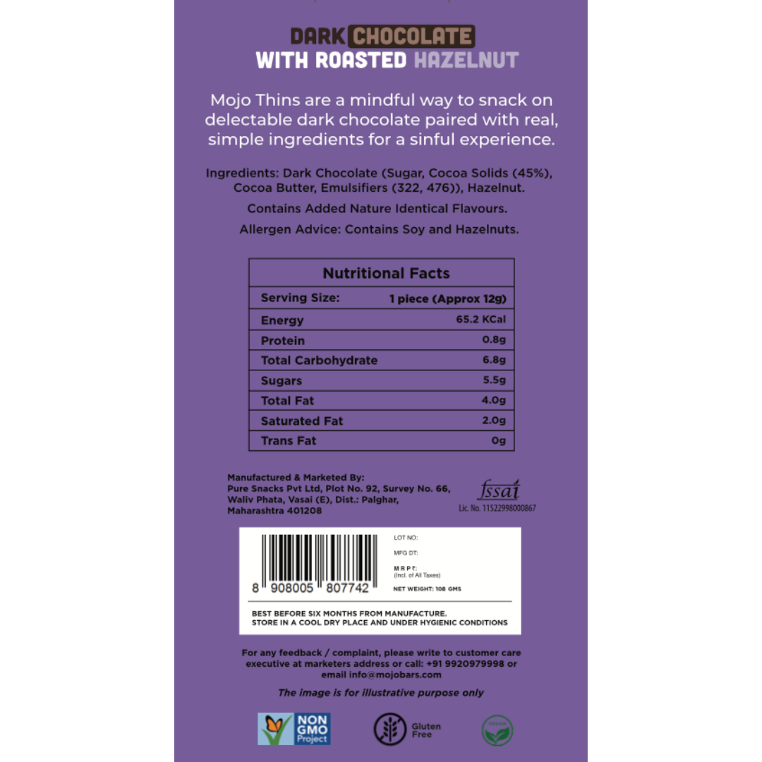45% Dark Chocolate with Hazelnut, 108g - Mojo Snacks
