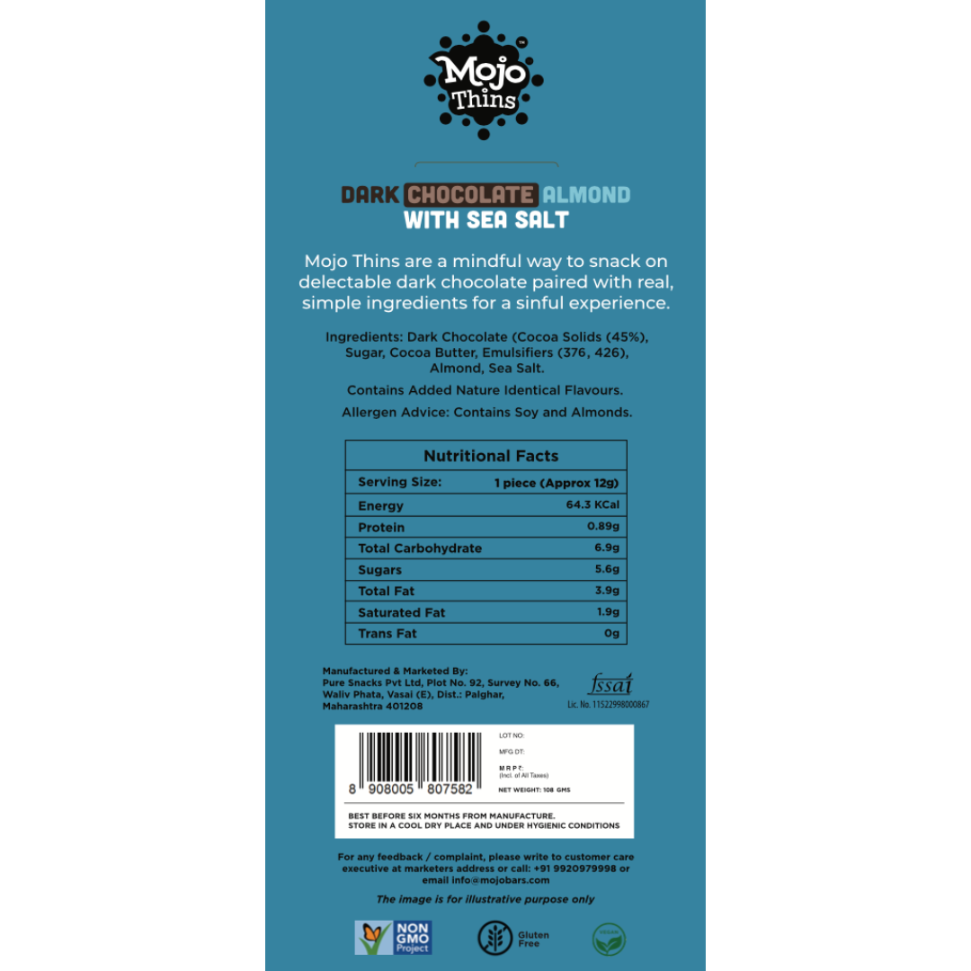 45% Dark Chocolate Almond with Sea Salt, 108g - Mojo Snacks