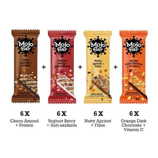 Savings Combo of 24, 768g (Choco Almond, Yoghurt Berry, Nutty Apricot and Orange Dark Chocolate) - Mojo Snacks
