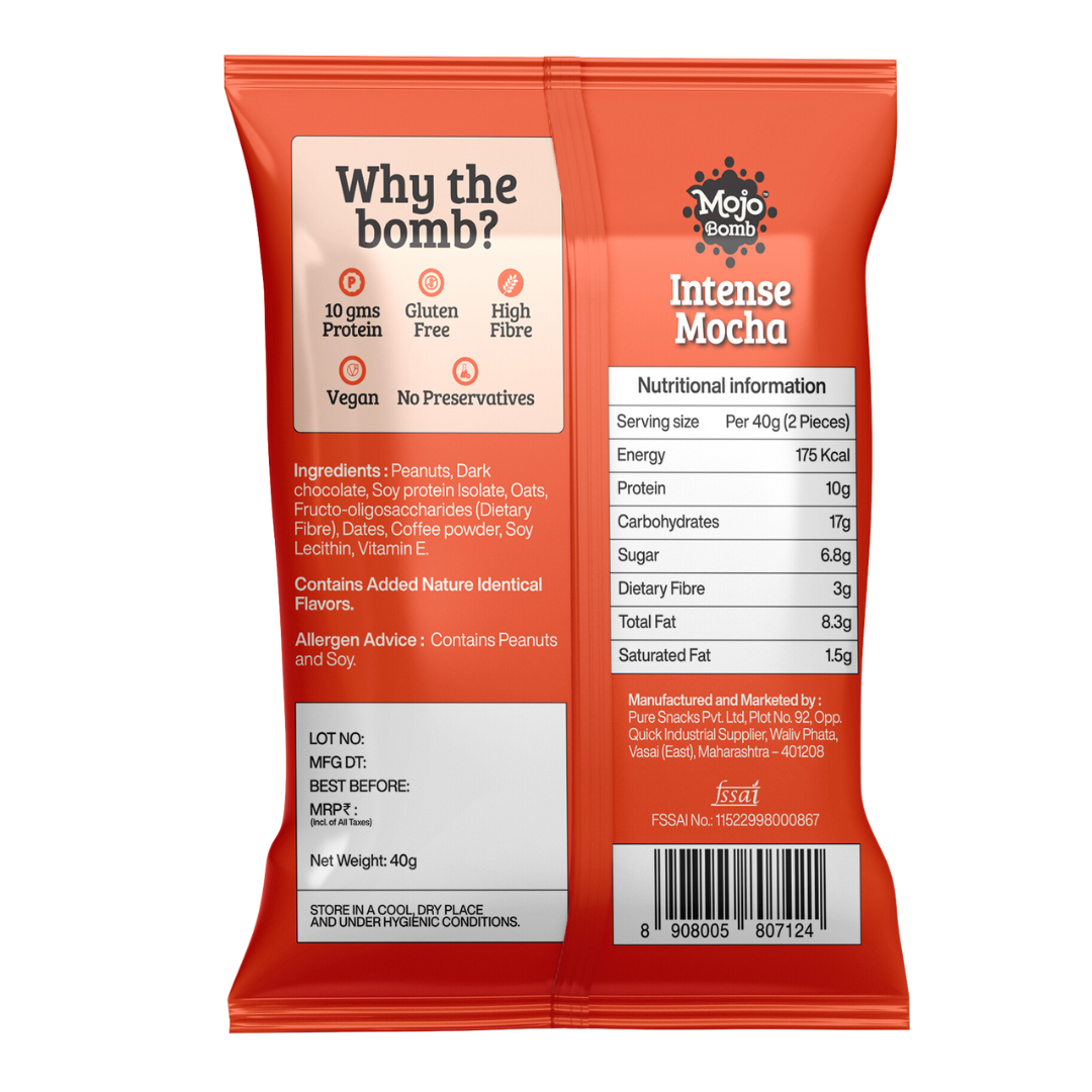 Protein Bombs - Intense Mocha (10g Protein), 200g  - Pack of 5 | Vegan | Gluten Free - Mojo Snacks
