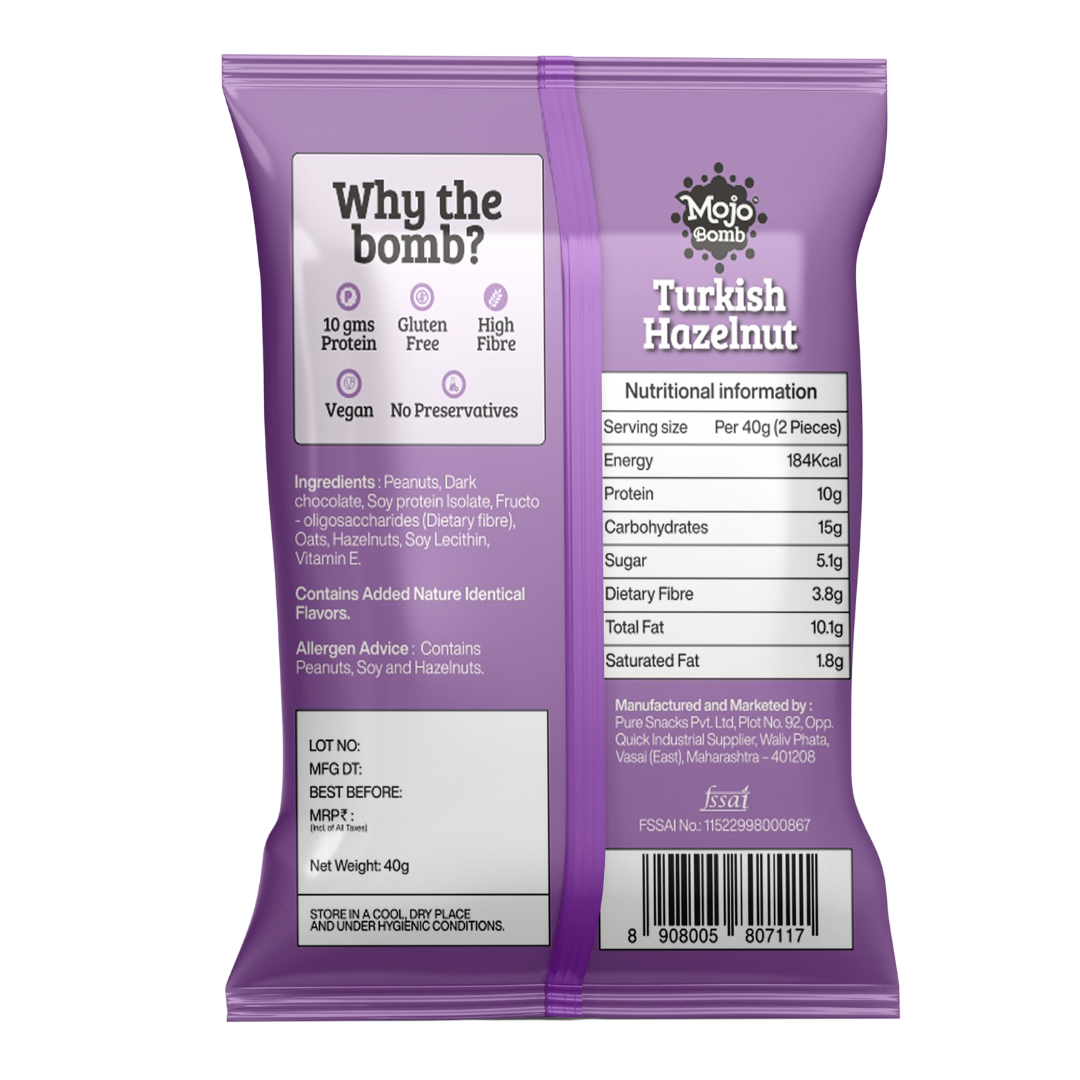 Protein Bombs - Turkish Hazelnut (10g Protein), 200g  - Pack of 5 | Vegan | Gluten Free - Mojo Snacks