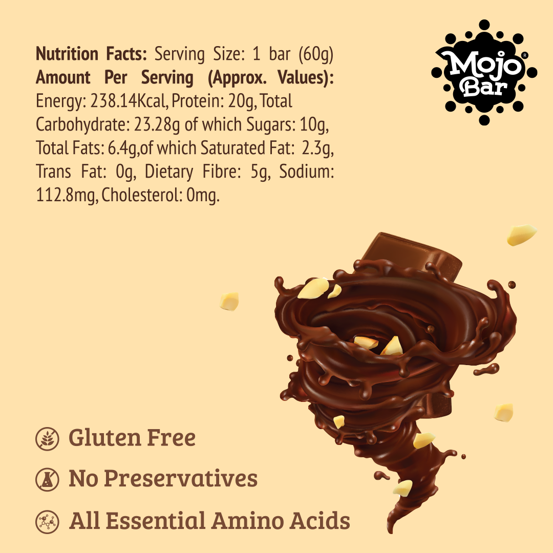 MojoBars Choco Nut Protein Bar 60g (Pack of 4) | 20g Protein | Sugar Free | 5g Fiber | Whey & Soy Protein | Peanut Cocoa Flavor - Mojo Snacks