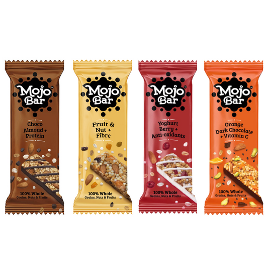 Savings Combo of 24 Energy Bars (Choco Almond, Yoghurt Berry, Fruit & Nut and Orange Dark Chocolate), 768g - Mojo Snacks