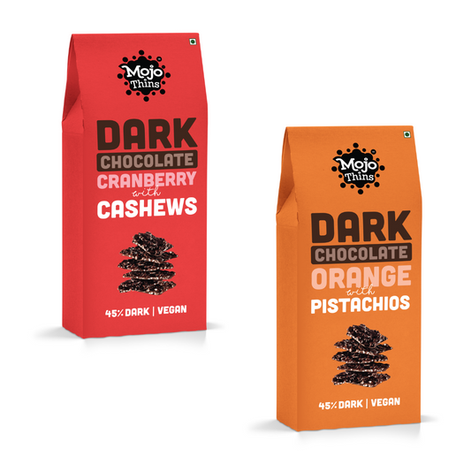 Dark Chocolate Fruit & Nut Combo (Orange with Pistachios, Cranberry with Cashews), 216g - Mojo Snacks
