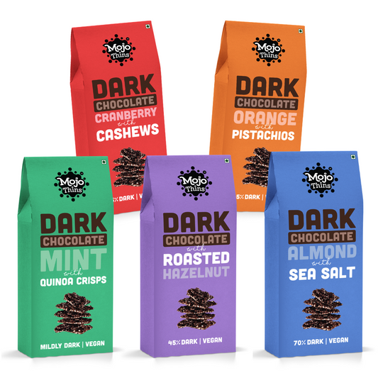 Dark Chocolate Assorted Combo of 5 (Almond, Mint, Cranberry, Orange and Hazelnut), 540g - Mojo Snacks