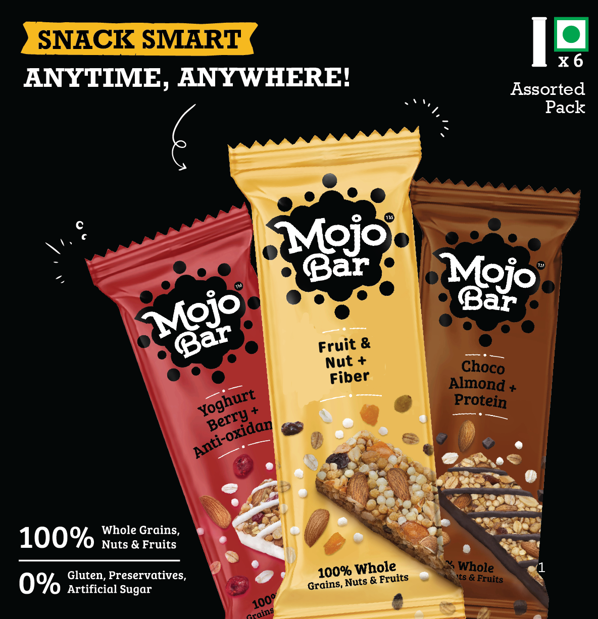 Assorted Pack of 6, 192g (Choco Almond, Yoghurt Berry & Fruit & Nut) - Mojo Snacks