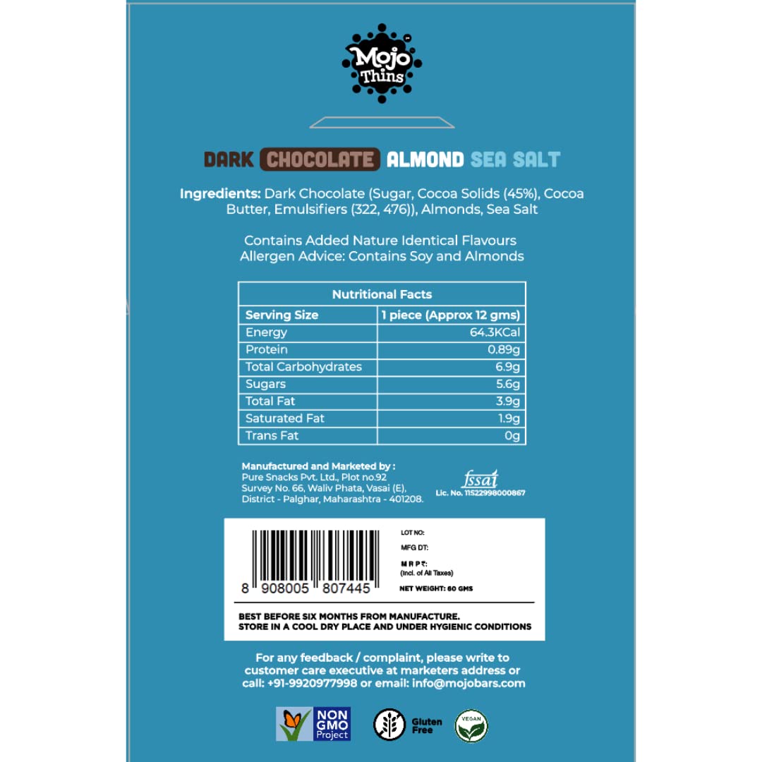 Mojo Bar Thins Mini - Dark Chocolate Almond with Sea Salt (Vegan, Portion Controlled), 120 GM (Pack of 2) - Mojo Snacks