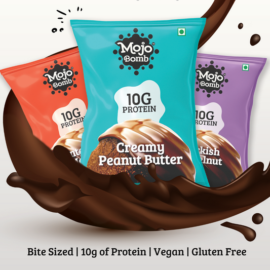 Protein Bombs Variety Pack - Peanut Butter, Hazelnut and Mocha (10g Protein), 240g  - Pack of 6 | Vegan | Gluten Free - Mojo Snacks
