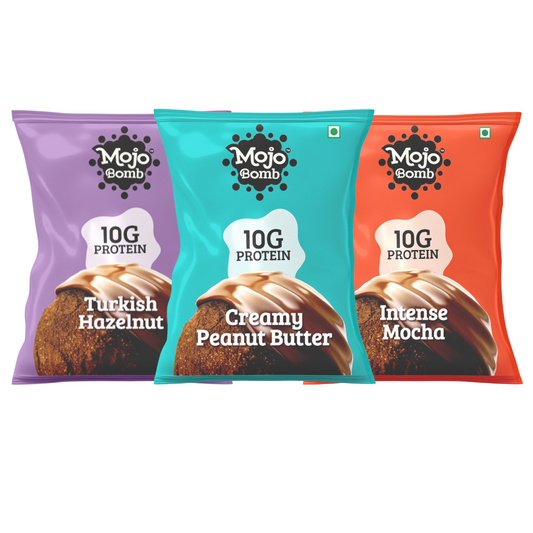 Protein Bombs Variety Pack - Peanut Butter, Hazelnut and Mocha (10g Protein), 240g  - Pack of 6 | Vegan | Gluten Free - Mojo Snacks