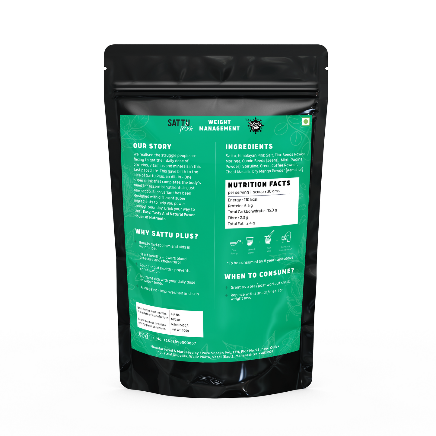 Sattu Plus - Savoury Protein Premix for Weight Management, 300g | Sattu, Moringa, Green Coffee, Spirulina and Flax Seeds | 100% Natural & Gluten Free - Mojo Snacks