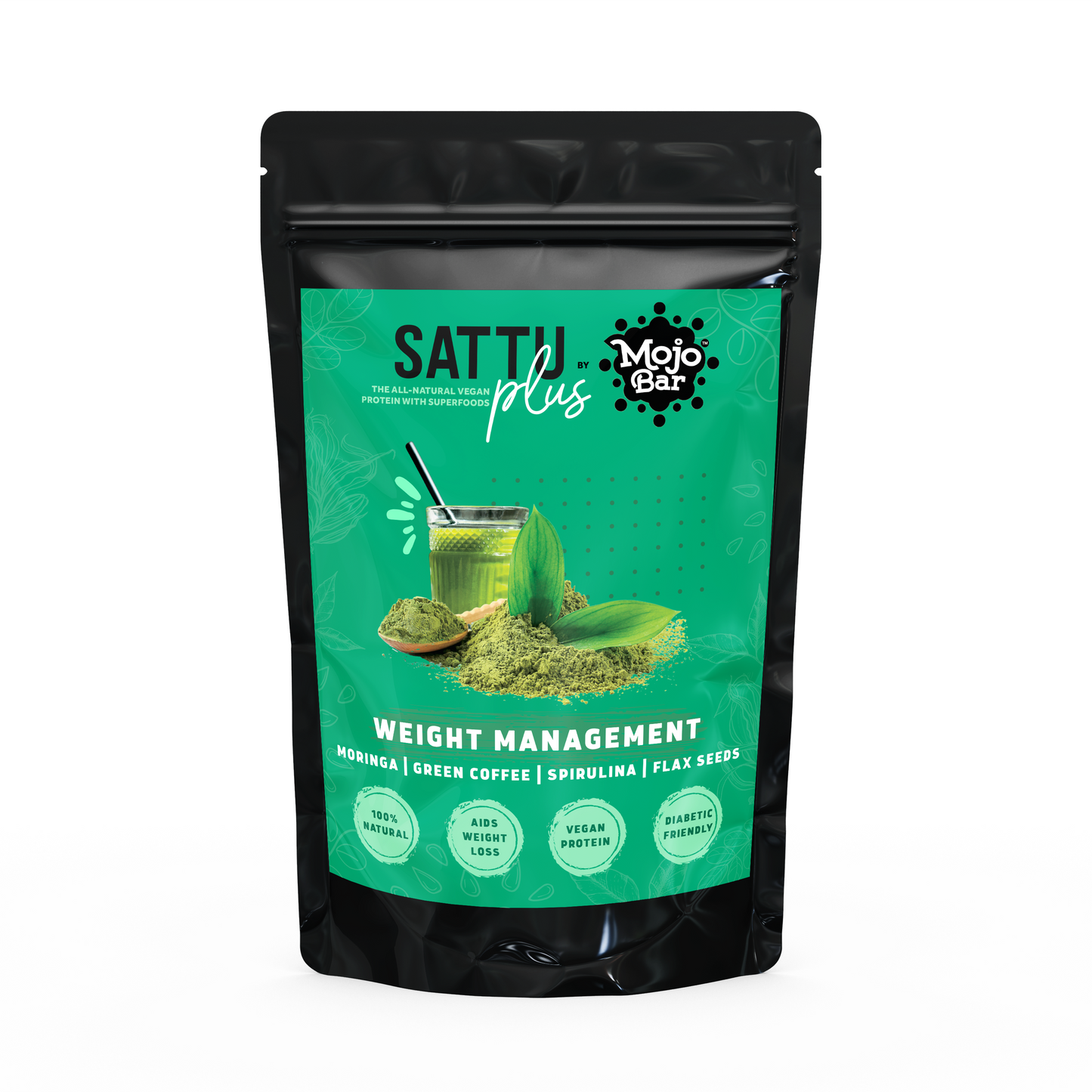 Sattu Plus - Savoury Protein Premix for Weight Management, 300g | Sattu, Moringa, Green Coffee, Spirulina and Flax Seeds | 100% Natural & Gluten Free - Mojo Snacks