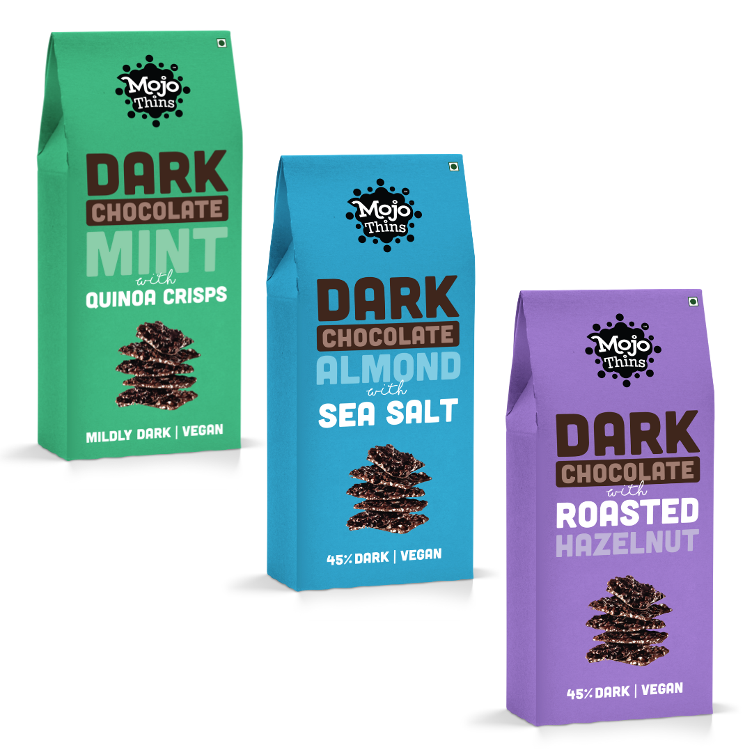 Dark Chocolate Assorted Combo of 3 (Almond Sea Salt, Hazelnut, Mint with Quinoa Crisps), 324g - Mojo Snacks