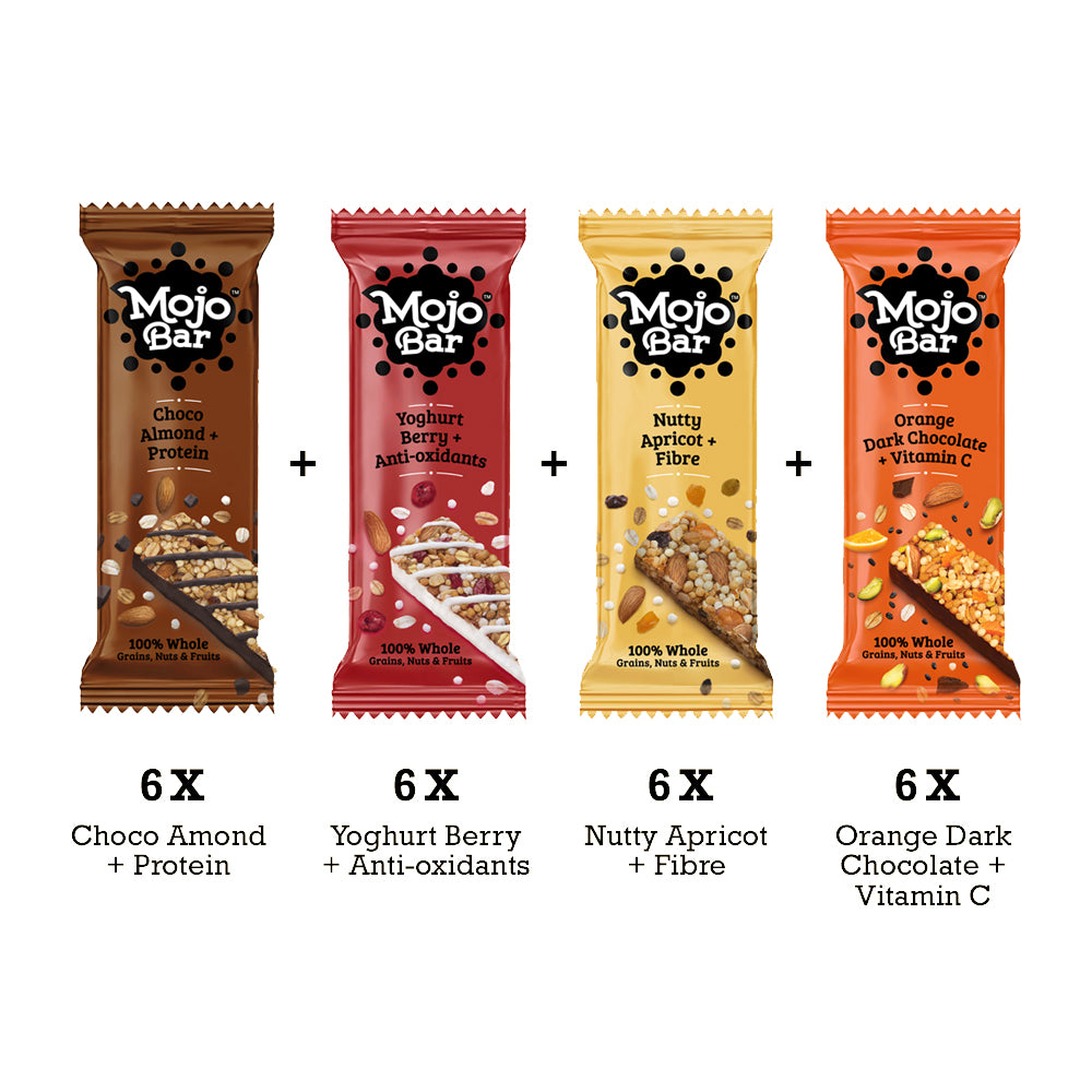 Savings Combo of 24, 768g (Choco Almond, Yoghurt Berry, Nutty Apricot and Orange Dark Chocolate) - Mojo Snacks