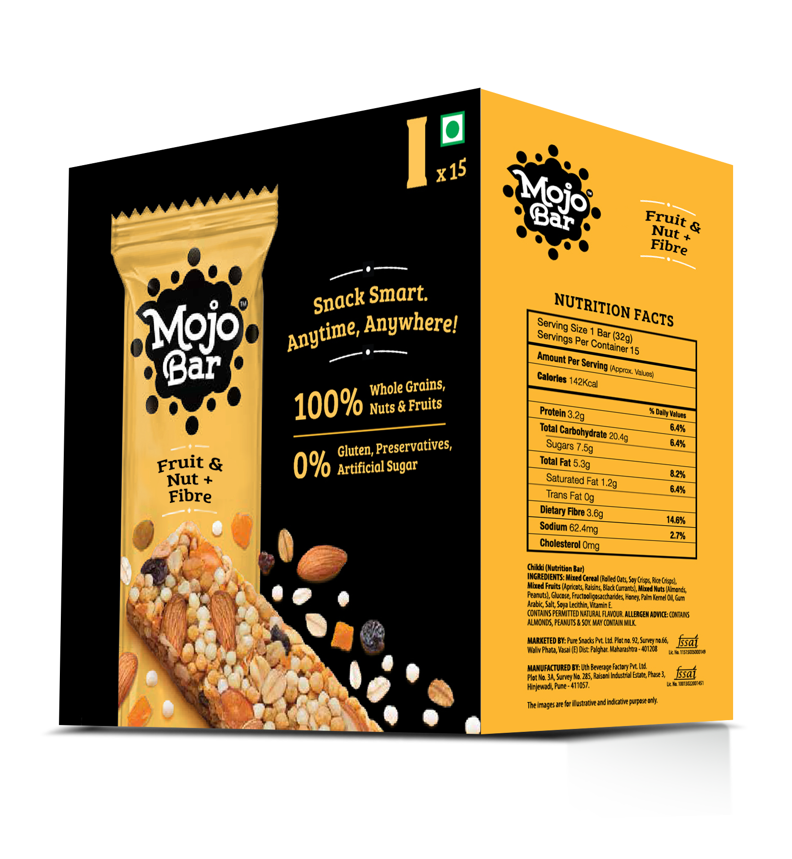 Fruit & Nut + Fibre Energy Bar (Pack of 15), 480g - Mojo Snacks