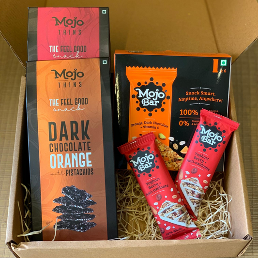 MOJO Red & Orange Hamper, 456g (Eco-friendly Packaging + Personalised Note) - Mojo Snacks