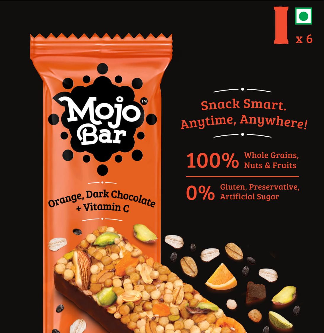 Orange Dark Chocolate + Vitamin C, 192g (Pack of 6) - Mojo Snacks