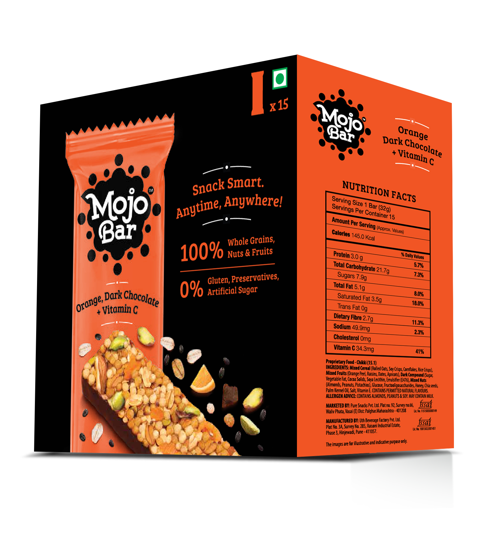 Orange Dark Chocolate + Vitamin C, 480g (Pack of 15) - Mojo Snacks